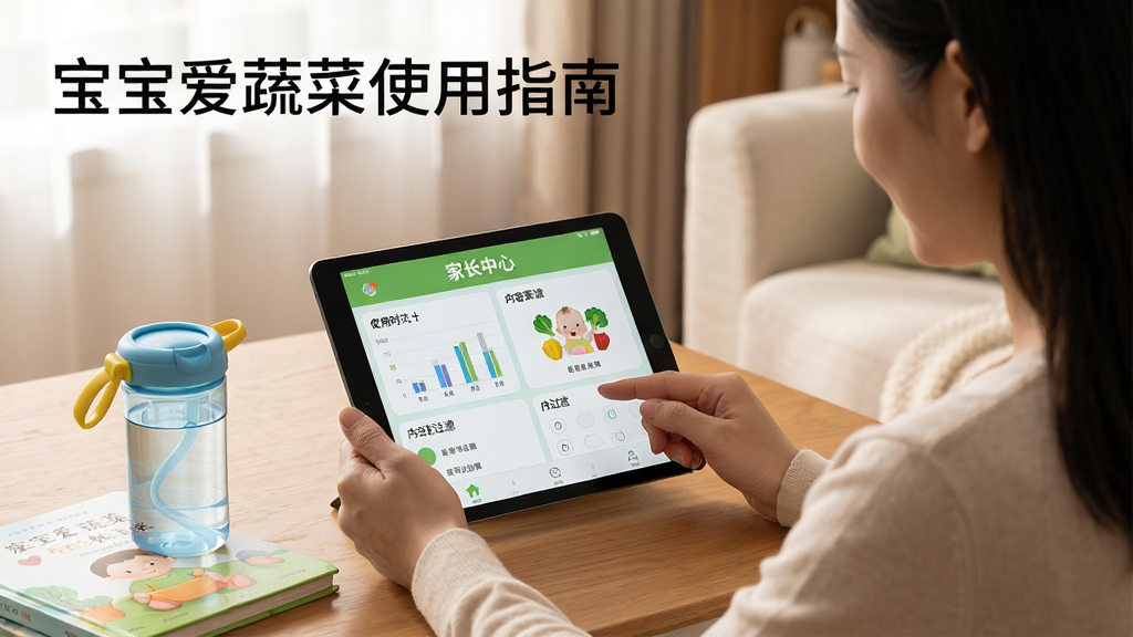 画面主体为家长正在平板电脑上设置宝宝爱蔬菜的家长中心界面,屏幕显示使用时长统计和内容过滤选项,旁边放着儿童水杯和绘本,布局为侧面视角,温馨居家风格,光线柔和,细节丰富,画质干净清晰,无多余元素,图片文字标注