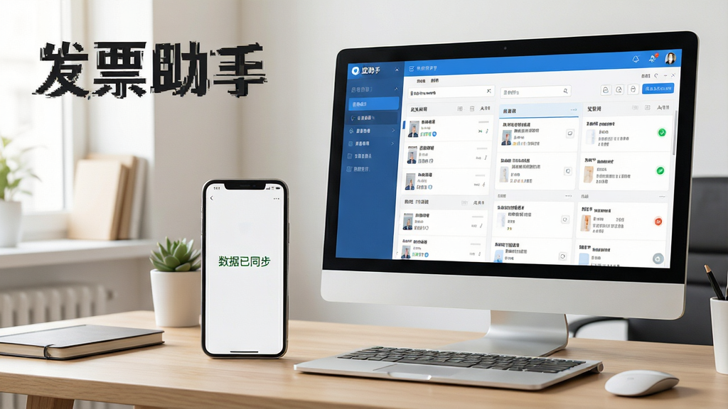 生活场景风格,手机与电脑并排摆放,屏幕上同时显示发票助手软件的同步界面,手机端显示“数据已同步”提示,电脑端显示发票列表,背景为办公桌面,自然光照射,整体氛围轻松专业,突出“发票助手”字样,画质干净,构图合理