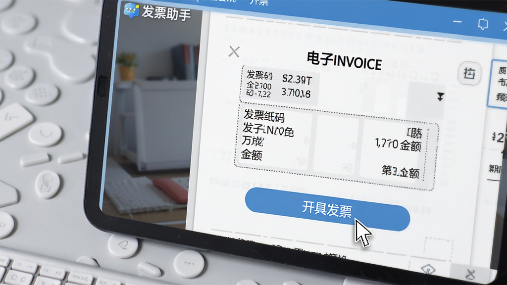 产品特写风格,发票助手软件的开票操作界面,屏幕上显示一张正在生成的电子发票,票面信息完整,包含发票代码、号码、金额等,背景为浅灰色工作台,鼠标光标指向“开具发票”按钮,界面字体清晰,色彩真实,突出“发票助手”品牌标识,画质干净,无多余杂物
