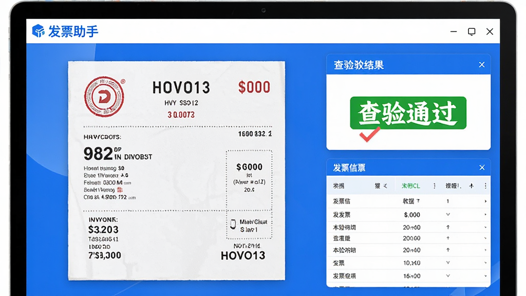 功能演示风格,发票助手软件的发票查验页面,屏幕中央显示一张放大的发票图片,右侧为查验结果显示窗口,标注“查验通过”字样,下方有发票信息明细表格,界面以蓝白配色为主,风格简洁,突出“发票助手”软件名称,画质高清,细节丰富