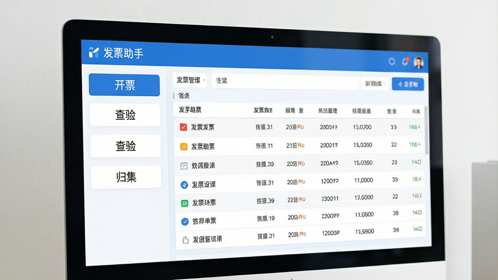 高清摄影风格,发票助手软件主界面展示图,电脑屏幕中显示清晰的发票管理后台,左侧功能栏包含开票、查验、归集等模块,右侧为发票列表数据,整体色调以蓝色和白色为主,界面干净整洁,布局合理,文字清晰标注“发票助手”,画质细腻,光线均匀,无多余元素
