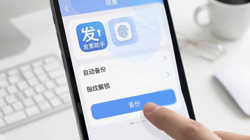 操作指南风格,手机屏幕显示发票助手的设置页面,包含“自动备份”“指纹解锁”等选项,手指点击“备份”按钮,背景为简洁的桌面,突出“发票助手”应用图标,界面清晰,色彩柔和,画质干净,无多余元素