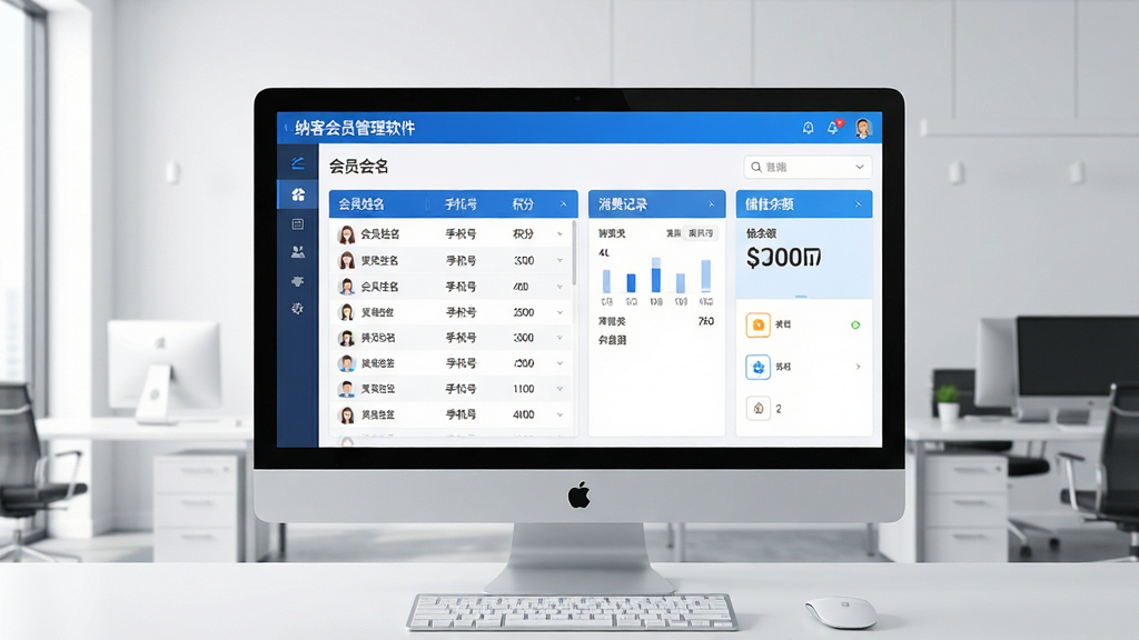 主体:纳客会员管理软件在电脑屏幕上的界面展示,界面清晰显示会员列表、消费记录和储值余额等核心功能模块。布局:电脑屏幕居中,背景为简约的现代办公室环境,屏幕内容清晰可辨。排版:画面干净整洁,突出软件的操作界面。风格:科技感与商务感结合,色调以蓝色和白色为主。细节:屏幕中展示“纳客会员管理软件”字样,界面数据显示详细,包括会员姓名、手机号、积分、余额。画质:4K超清,干净,无多余元素。