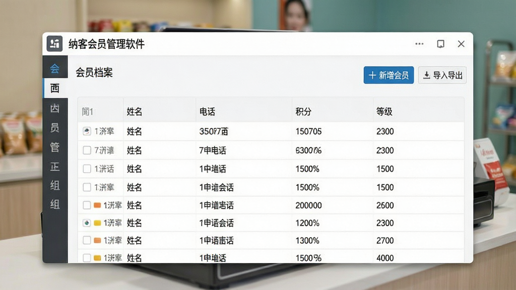 主体:纳客会员管理软件的“会员档案”功能界面,以表格形式展示会员数据,左侧有分组标签栏。布局:软件界面为主体,背景为模糊的店铺收银台场景。排版:表格行清晰,数据整齐。风格:数据化管理风格,简洁明了。细节:界面包含“新增会员”、“导入导出”按钮,表格中显示姓名、电话、积分、等级。画质:高清,干净,无多余元素。