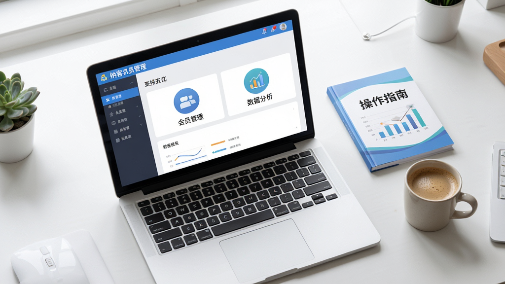 主体:一台笔记本电脑上运行着纳客会员管理软件,旁边放着一本操作指南和一杯咖啡。布局:俯拍视角,笔记本居中,周围环境整洁。排版:画面和谐,突出软件正在正常运行。风格:生活化与办公化结合。细节:屏幕显示软件主界面,包含“会员管理”和“数据分析”图标。画质:高清,干净,无多余元素。
