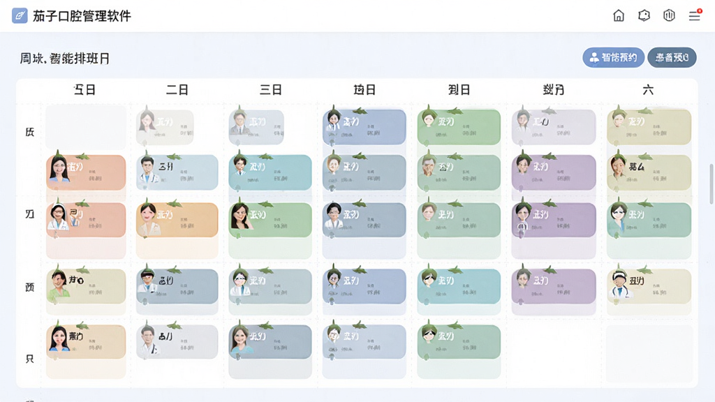 茄子口腔管理软件的智能预约界面,显示一周排班日历,不同医生用不同颜色标记,患者预约时段清晰可见,界面扁平化设计,色彩柔和,排版整齐,高画质,干净无冗余元素