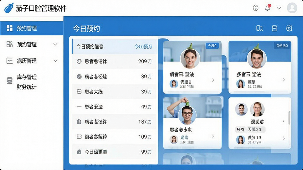 一张展示茄子口腔管理软件主界面的截图,界面布局清晰,左侧功能导航栏包含预约管理、病历管理、库存管理、财务统计等模块,中央区域显示今日预约列表和患者信息卡片,整体采用蓝白配色,风格简洁专业,画面干净,高画质,无多余元素