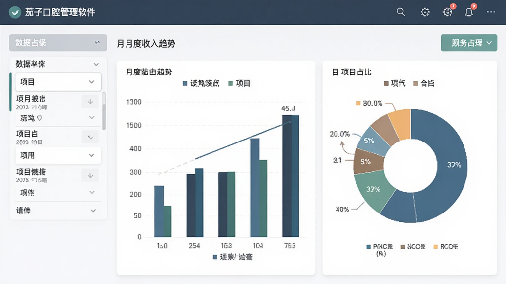 茄子口腔管理软件的财务报表界面,以柱状图和饼图展示月度收入趋势与项目占比,左侧为数据筛选条件,整体风格商务简洁,配色稳重,高画质,干净无多余元素