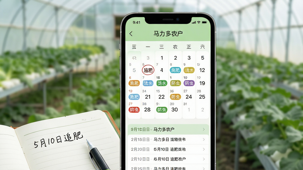 ���壺�ֻ���Ļ��д����ʾ��������ũ����APP��ũ���������棬�����ϱ���š�ʩ�ʡ�����ˮ�������桱�Ȳ�ɫ��ǩ���·��б�չʾ�������飬�Ա߷���һ��������ũҵ�ʼǱ���һ֧�ʡ����֣��ֻ�λ�ڻ������룬��������ռ����Ļ���ʼǱ������½���Ϊǰ����׺���������黯���߲˴���Ű棺������������ͼ�������ǩ�ò�ͬ��ɫ���֣��б���ʱ�������Ӿ����������������¼�Լ��ǳ��ɫ���ɫΪ��ɫ�������������Ȼ�⣬����ũҵ������������������ϸ�ڣ���Ļ�ϵġ�������ũ�������⣬���������к�Ȧ��ǣ��ʼǱ�����д��5��10�� ׷�ʡ����������ʣ��ɾ����޶���Ԫ�ء�