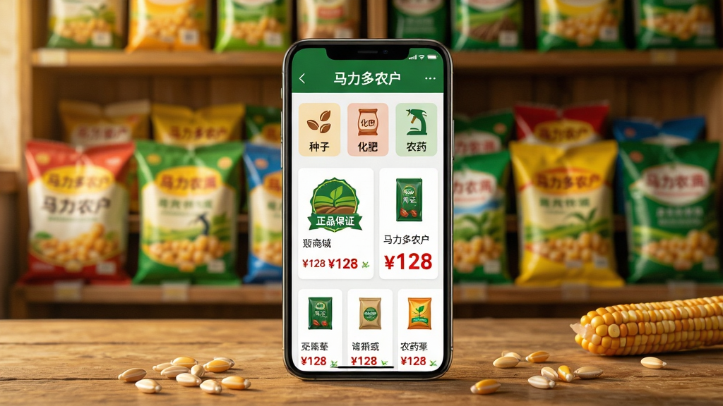 ���壺һ�������ֻ�������ľ���ϣ���Ļ��ʾ��������ũ����APP��ũ���̳�ҳ�棬ҳ���С����ӡ������ʡ���ũҩ������ͼ�꣬�·�����Ʒ�б��ͼ۸��ǩ��������ũ��С�������ܣ�����������ɫ��ũ�ʰ�װ�������֣��ֻ�λ�ڻ������룬��Ļ���ݳ���ͷ��������Ϊ�����黯��������ɢ��ļ����������ӡ��Ű棺�̳�ҳ����ÿ�Ƭʽ���֣���ƷͼƬ�����ơ��۸���룬�۸��ú�ɫ����ͻ�������дʵ��ů��ɫ�ƹ⣬�Դ����������Ϣ������Ļ��ʾ�����ִ���ϸ�ڣ���ƷͼƬ�С���Ʒ��֤����ǩ���۸����֡�128������Ļ�����С�������ũ�������������ʣ��ɾ����޶���Ԫ�ء�