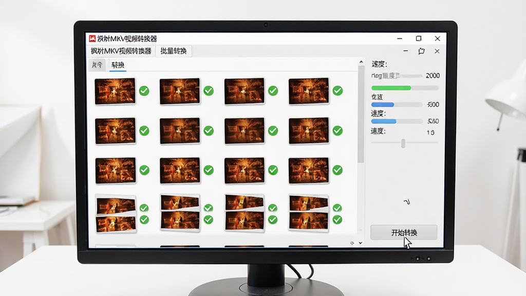 主体:枫叶MKV视频转换器批量转换界面,电脑屏幕上显示多个视频文件整齐排列在列表中,每个文件旁有绿色对勾表示转换完成,右侧有进度条和速度指示,界面简洁明亮,布局规整,风格现代,细节:鼠标指针停留在“开始转换”按钮上,背景为纯白色工作台,画质干净清晰,无多余元素