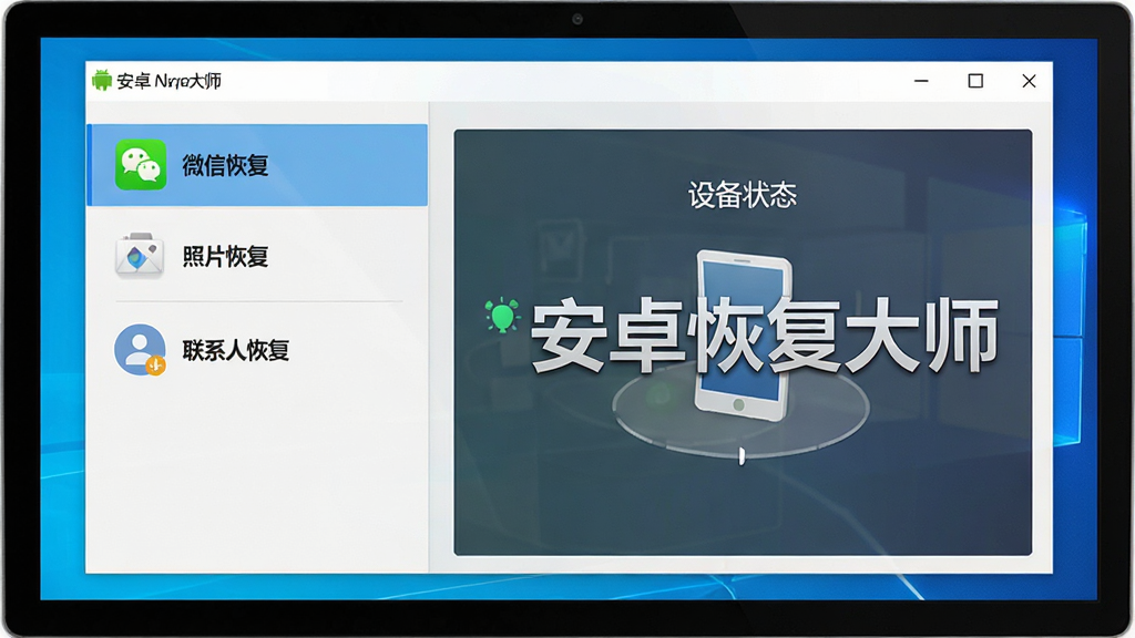 一张高清的电脑屏幕显示安卓恢复大师软件主界面,界面简洁清晰,左侧列出数据恢复选项如“微信恢复”“照片恢复”“联系人恢复”,右侧为设备扫描状态,整体风格专业、明亮、干净,画面中包含“安卓恢复大师”文字标识,画质干净无多余元素