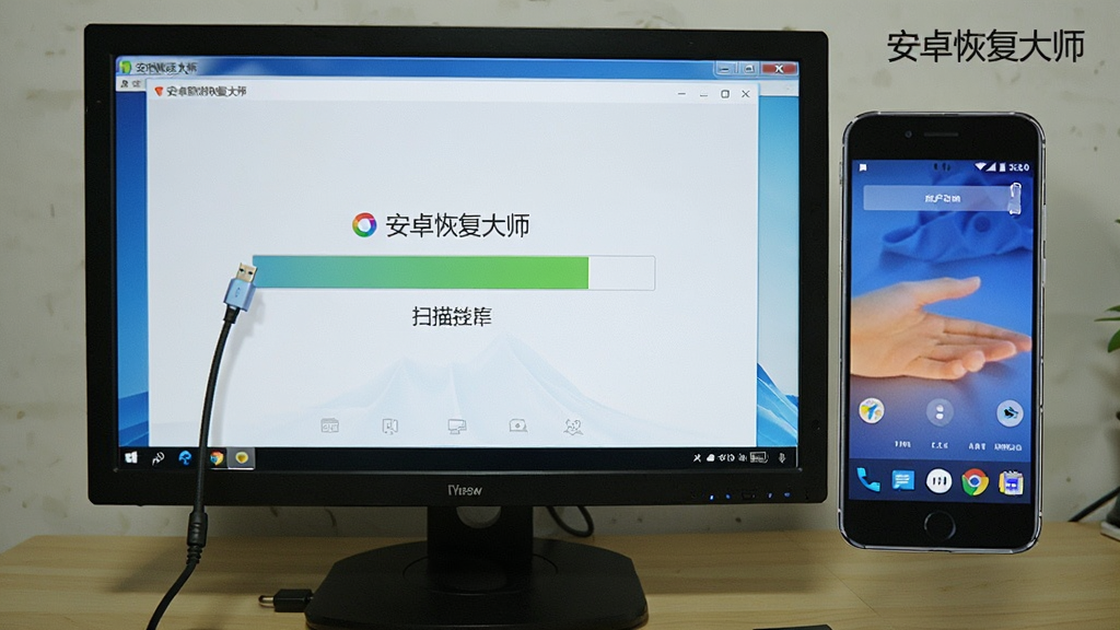 一张操作流程图,用户通过USB线连接安卓手机和电脑,电脑屏幕上显示安卓恢复大师的扫描进度条,旁边有手机实时画面,整体风格写实,画面中标注“安卓恢复大师”字样,画质清晰,无多余元素