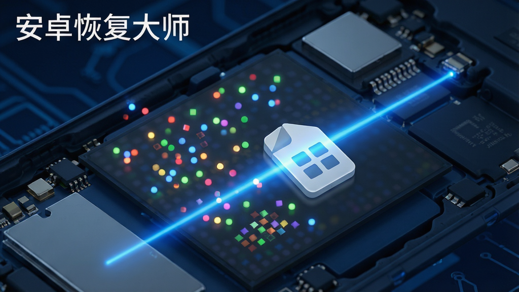 一张展示安卓手机内部存储芯片的微观示意图,数据碎片以彩色光点形式散落,一道蓝色扫描光线扫过光点,将光点聚集为完整的文件图标,背景为深蓝色科技感,图片左上角标注“安卓恢复大师”字样,画质干净清晰,无多余元素
