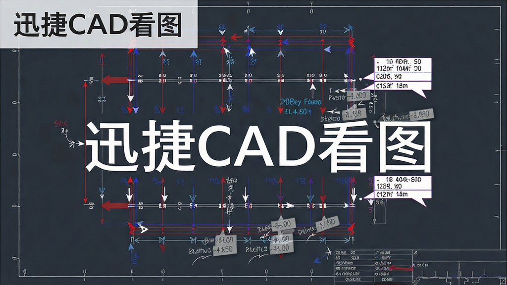 一张CAD图纸上覆盖着红色与蓝色的测量线与批注箭头,旁边有弹出式数据标签显示具体数值,图纸背景为深灰色,画面清晰标注“迅捷CAD看图”名称,整体风格专业严谨,画质高清,干净无多余元素