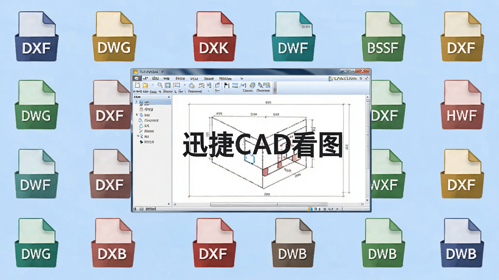 多种CAD文件格式图标整齐排列在屏幕背景上,中央显示“迅捷CAD看图”软件主界面,四周环绕DWG、DXF等格式标识,整体风格简洁明快,画质干净,无多余元素