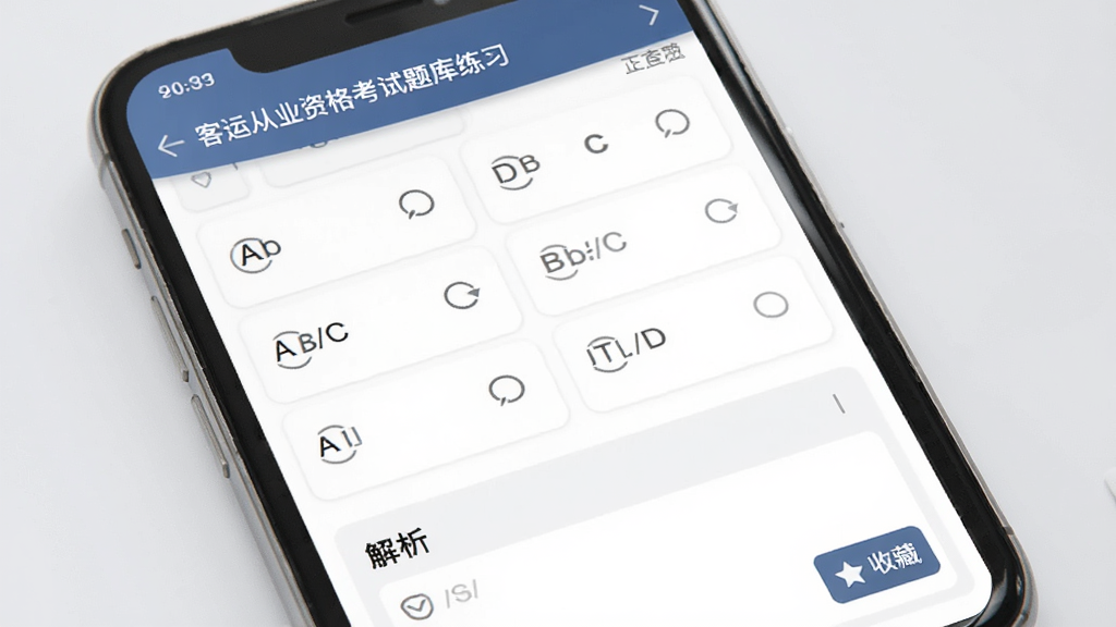 客运从业资格考试题库练习页面,主体为手机屏幕展示选择题界面,选项A/B/C/D排列整齐,底部有解析区域,背景为淡灰色,风格简约,细节包括正确率统计和收藏按钮,画质高清,干净无多余元素