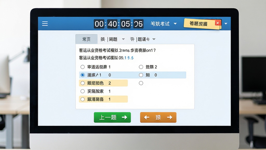 客运从业资格考试模拟考试界面,主体为电脑屏幕展示答题页面,顶部有倒计时和答题卡,中间为单选题,底部有上一题下一题按钮,布局规整,风格写实,色彩明亮,细节包括题目编号和选项高亮,画质清晰,干净无多余元素