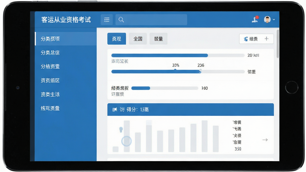客运从业资格考试软件界面预览图,主体为平板电脑显示题库练习页面,左侧是分类菜单,右侧是答题区域,整体布局清晰简洁,风格扁平化,以蓝色和白色为主色调,细节包含进度条和得分统计,画质高清,干净无多余元素