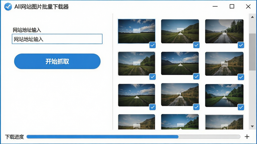 ���壺һ����Ϊ��All��վͼƬ�����������������������棬������Windows������Ļ�ϡ����֣����Ϊ��վ��ַ�����͡���ʼץȡ����ť���Ҳ�ΪͼƬ�ٲ���Ԥ������ͼ���ײ�Ϊ���ؽ��������Ű棺�������������������򻮷���ȷ������ִ���ƽ����ƣ�������ɫ����ͼ��Բ��ϸ�ڣ����������Ϸ���ʾ��All��վͼƬ������������������ͼƬ����ͼ���й�ѡ��ѡ�򡣻��ʣ����壬ϸ�ڷḻ���ɾ��޶���Ԫ�ء�