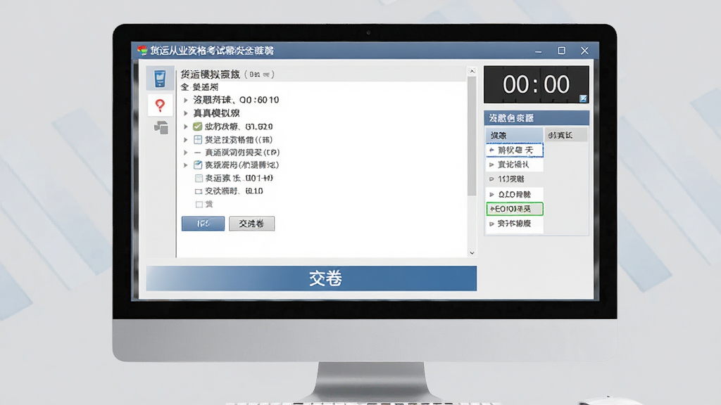 货运从业资格考试软件的全真模拟考试界面,屏幕显示电脑端答题页面,右侧有倒计时和答题卡,下方有交卷按钮,背景为浅灰色,整体风格专业,画面干净,文字清晰,高分辨率,无多余元素