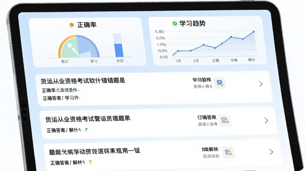 货运从业资格考试软件的错题本界面,平板设备显示错题列表,每条错题包含题目、正确答案和解析,顶部有统计图表,显示正确率与学习趋势,背景为淡蓝色,风格简约,画质干净,无多余元素