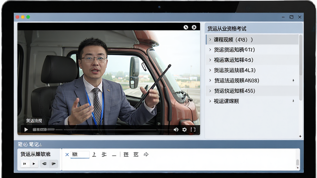 货运从业资格考试软件的视频课程播放页面,电脑屏幕显示讲师正在讲解货运法规知识,画面左侧为视频窗口,右侧为课程大纲,底部有笔记区,整体风格教育感强,色彩柔和,画质清晰,无多余元素