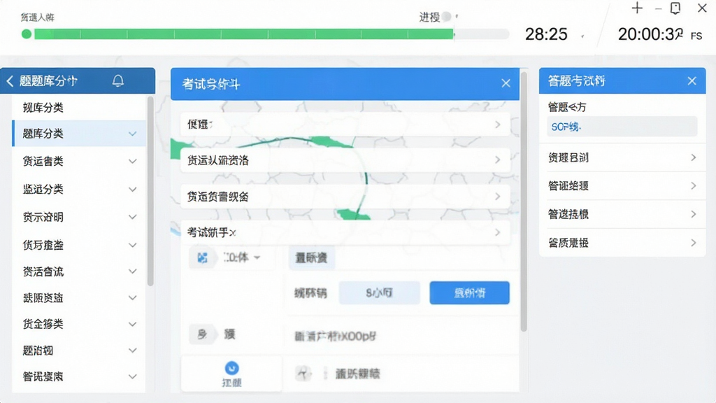 一张展示货运从业资格考试软件主界面的高清截图,画面中央是模拟考试答题页面,左侧为题库分类列表,右侧为答题卡区域,顶部有绿色进度条和计时器,整体风格简洁明亮,UI设计现代,色彩以蓝色和白色为主,文字清晰,画质干净,无多余元素