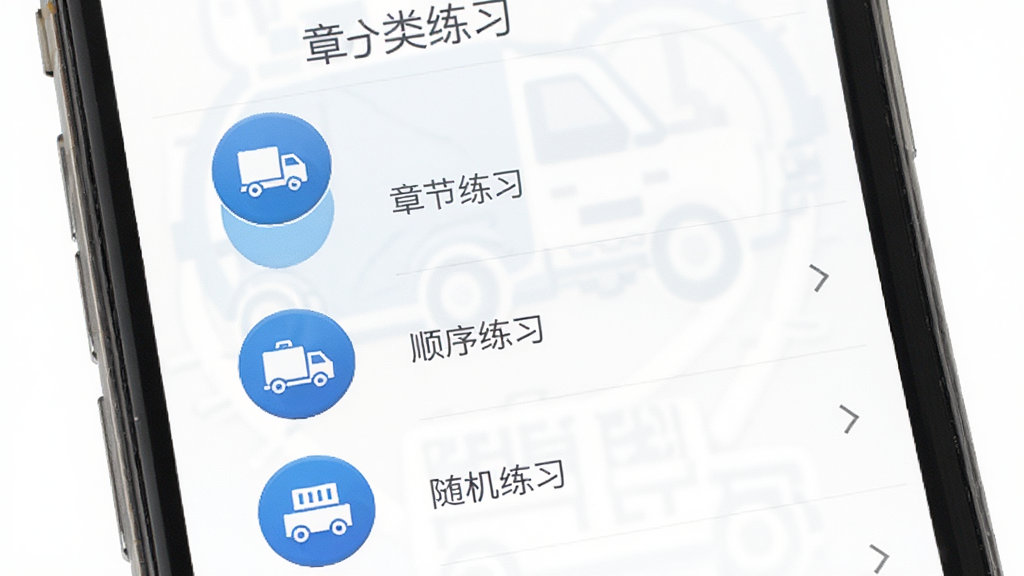 货运从业资格考试软件题库列表界面,手机屏幕显示分类练习菜单,包含章节练习、顺序练习、随机练习等选项,背景为白色,图标为蓝色圆形,整体简洁清爽,画质清晰,无多余元素
