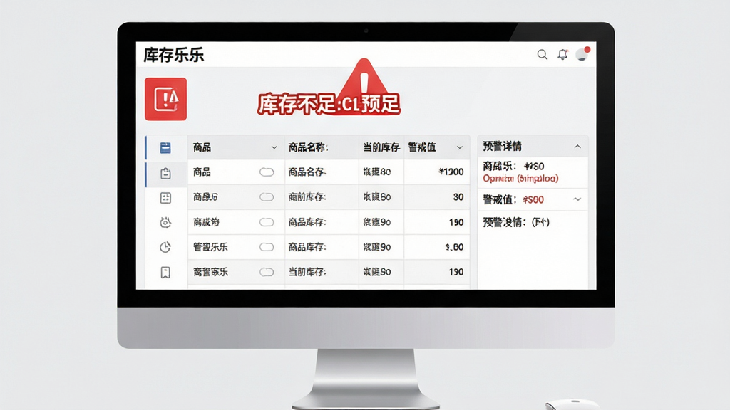 主体:电脑屏幕显示管家乐软件的库存预警界面,有红色感叹号图标提示库存不足,布局:界面中央为商品列表,右侧为预警详情,排版:表格形式展示商品名称、当前库存、警戒值,风格:简洁商务,细节:预警文字用红色加粗,背景为浅灰色,画质:干净清晰,无多余元素