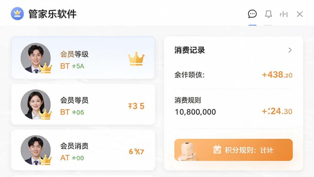 主体:管家乐软件的会员营销界面,显示会员列表和积分规则,布局:左右分栏,左侧会员头像与等级,右侧消费记录,排版:卡片式设计,风格:亲和商务,细节:会员等级用金色皇冠图标,积分数字用橙色,画质:高清,无多余元素