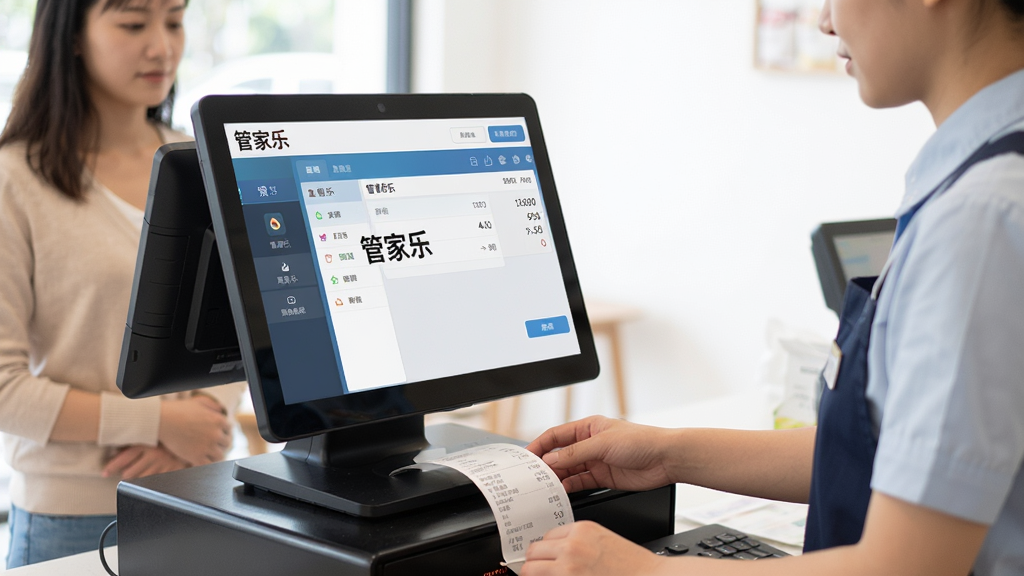主体:工作人员正在使用管家乐软件进行收银操作,布局:前台收银电脑屏幕显示收银界面,顾客在旁等待,排版:近景拍摄,风格:真实场景摄影,细节:屏幕上有“管家乐”Logo,收银小票正在打印,画质:高清,光线明亮,无多余元素