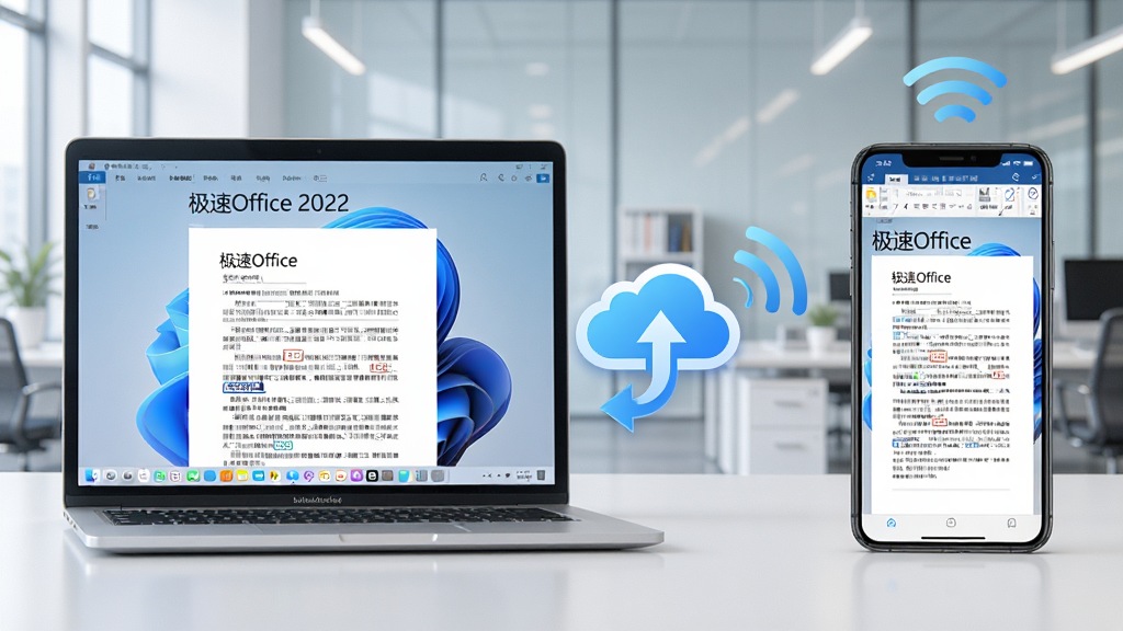 主体:极速Office 2022在手机与电脑上的同步使用场景,左侧为笔记本电脑,右侧为手机,屏幕显示相同文档。布局:左右对称,中间有云朵与同步箭头图标。排版:文档内容清晰可见,两端设备用无线信号连接。风格:现代科技风,明亮色调。细节:电脑屏幕显示“极速Office”字样,手机显示相同文档,背景为办公室环境。画质:高清,干净无多余元素。