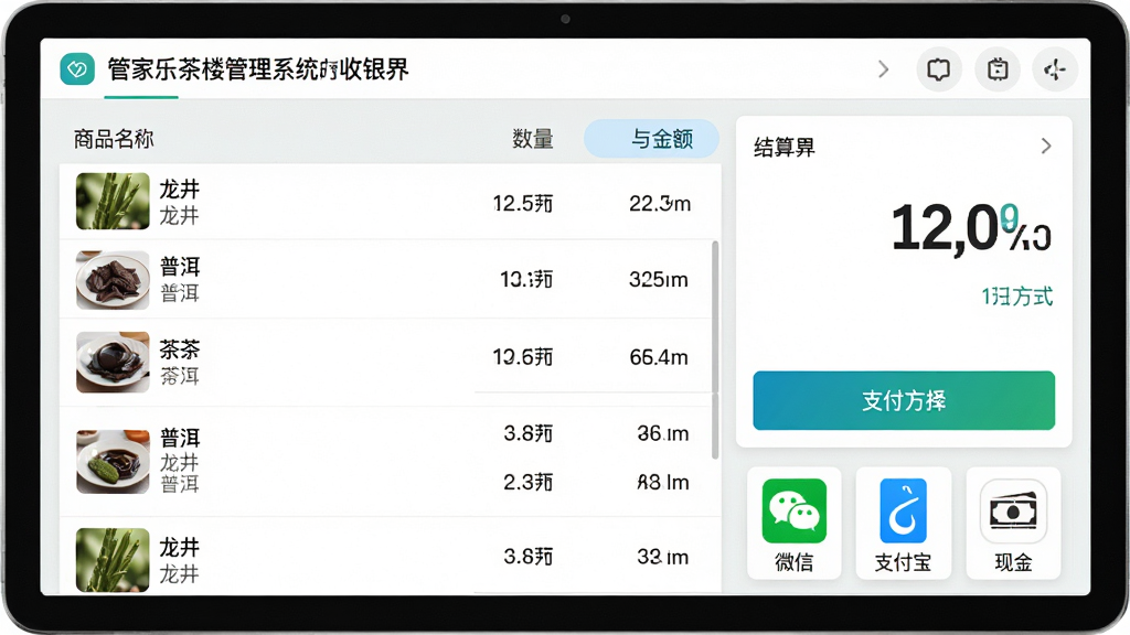 主体:管家乐茶楼管理系统的收银界面,显示商品列表、数量、金额与支付方式选择按钮。布局:屏幕中央为商品列表,右侧为结算区域,下方为支付方式图标。排版:简洁明了,数字突出显示。风格:浅色背景,绿色和蓝色按钮点缀。细节:商品名称包含“龙井”、“普洱”等茶品,支付方式有“微信”、“支付宝”、“现金”图标。画质:高清,干净,无多余元素。
