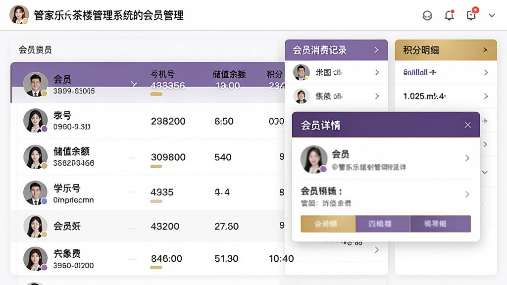 主体:管家乐茶楼管理系统的会员管理界面,展示会员列表与会员详情弹窗。布局:左侧为会员列表,右侧为会员消费记录与积分明细。排版:信息分栏展示,数据条理清晰。风格:简洁商务风,紫色和金色点缀。细节:会员头像、手机号、储值余额、积分等字段完整显示。画质:高清,干净,无多余元素。