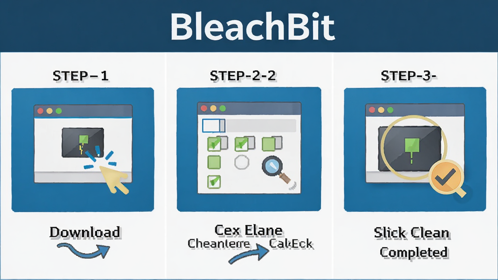 һ��BleachBit�����̵̳Ĳ���ʾ��ͼ�������Ϊ�������裬��һ��Ϊ���ذ�װ���ڶ���Ϊ��ѡ������Ŀ��������Ϊ���������ɣ�ÿ���������м��ͼ�꣬�������������ˣ��������ơ�BleachBit�������ڶ��������ʸɾ����޶���Ԫ��