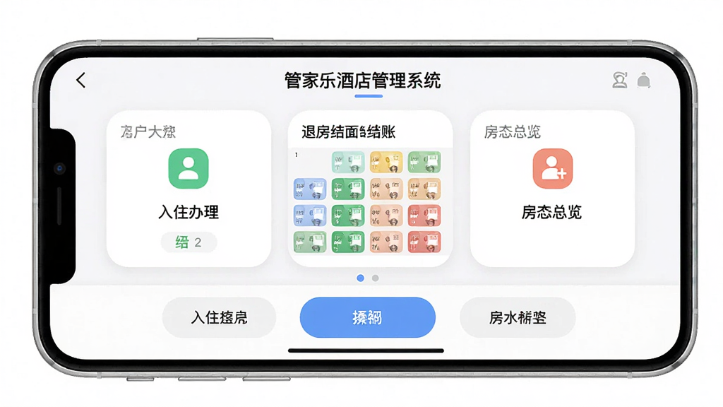 主体:管家乐酒店管理系统在手机上的操作界面,手机横屏展示。布局:手机屏幕中央显示房态图,底部有操作按钮。排版:界面简洁,功能图标清晰。风格:移动端APP风格,圆角卡片设计。细节:屏幕显示“入住办理”“退房结账”“房态总览”三个功能模块,手机外壳为银色。画质:高清渲染,无多余元素。