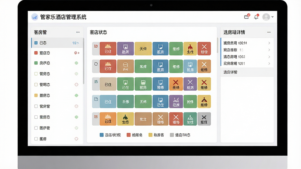 主体:管家乐酒店管理系统的房态管理界面,电脑屏幕显示彩色房态图。布局:左侧客房列表,中央色块房态图,右侧选中房间详情。排版:房态图按楼层排列,不同颜色代表不同状态。风格:扁平化UI设计,色彩柔和。细节:房态图上标注“已住”“脏房”“维修”等图标,底部有图例说明。画质:清晰细腻,无多余元素。