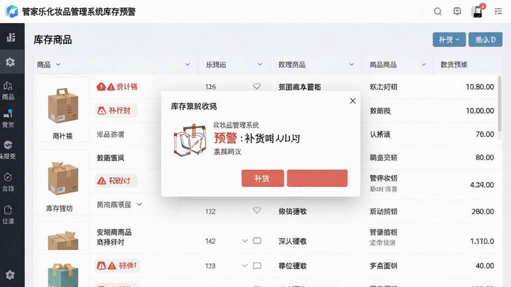 管家乐化妆品管理系统库存预警界面,主体为软件中库存列表与预警弹窗,布局左侧商品图右侧数据,排版紧凑,风格清新,细节显示红色预警标识与补货按钮,画质清晰干净,无多余元素