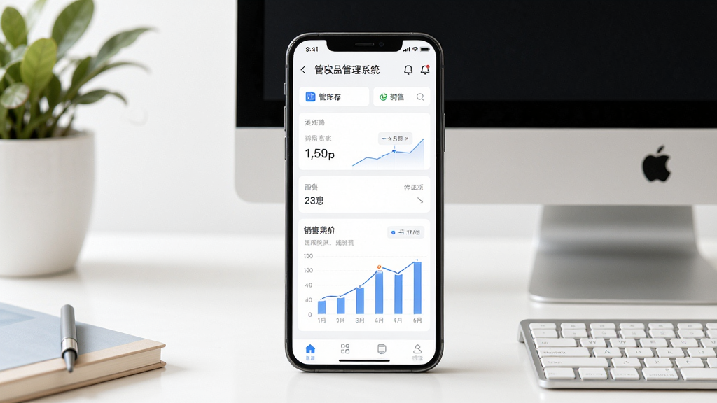 管家乐化妆品管理系统移动端使用场景,主体为手机屏幕显示软件界面,布局手机居中,旁边有电脑陪衬,排版轻松,风格生活化,细节显示库存与销售图表,画质明亮干净,无多余元素