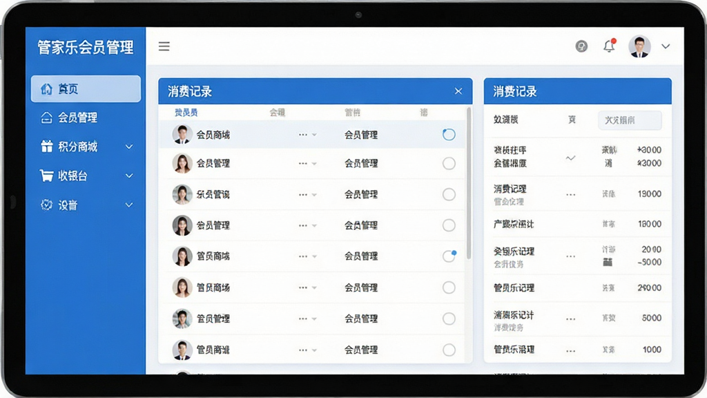 一张展示管家乐会员管理软件主界面的高清截图,画面中央是会员列表与消费记录面板,左侧为功能导航栏包含会员管理、积分商城、收银台等模块,整体采用蓝白配色,界面简洁明亮,UI设计现代,画质清晰,干净无多余元素,文字标注“管家乐会员管理”