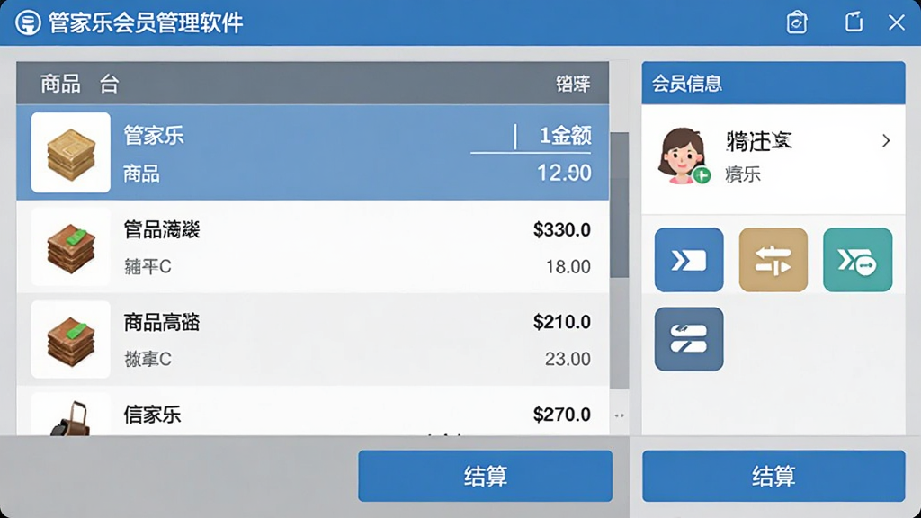 管家乐会员管理软件收银台操作界面,画面中央为商品列表与金额计算区域,右侧为会员信息展示与收款方式图标,底部为结算按钮,整体风格简洁,蓝灰配色,布局合理,画质清晰,干净无多余元素