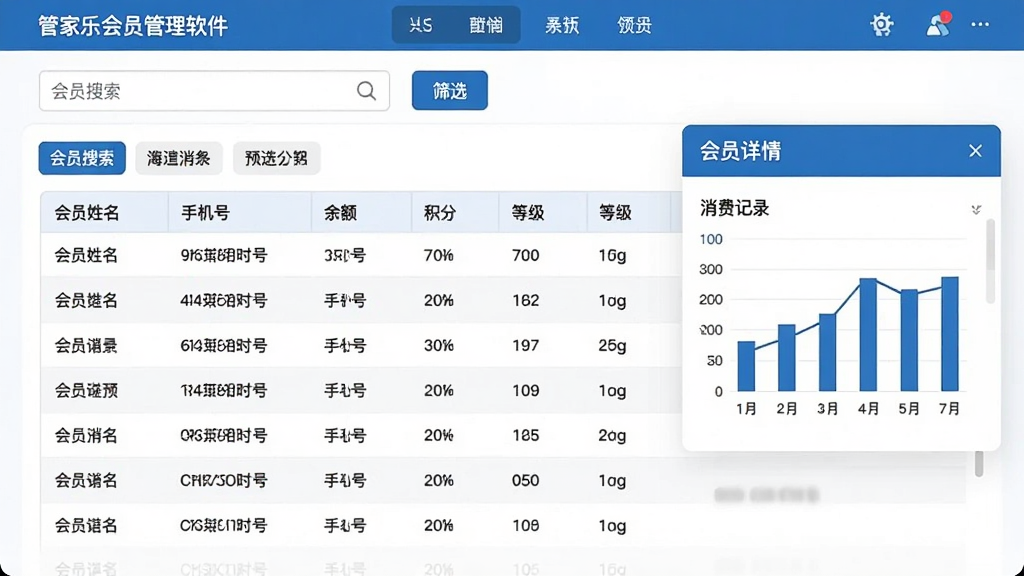 管家乐会员管理软件会员档案界面预览图,画面上方是会员搜索框与筛选标签,中间表格展示会员姓名、手机号、余额、积分、等级等信息,右侧弹出会员详情卡片包含消费记录图表,整体风格简约商务,蓝白主色调,排版整齐,画质清晰,干净无多余元素
