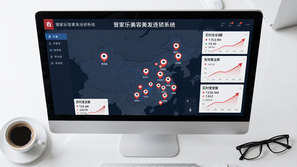 主体为电脑屏幕展示“管家乐美容美发连锁系统”的多门店管理地图,屏幕上分布着不同城市的分店标记与实时营业额数据。布局采用俯视视角,屏幕占画面主体,周围有咖啡杯与眼镜。风格商务科技感,细节包含地图上的红点标记与上升的折线图,画质清晰干净。