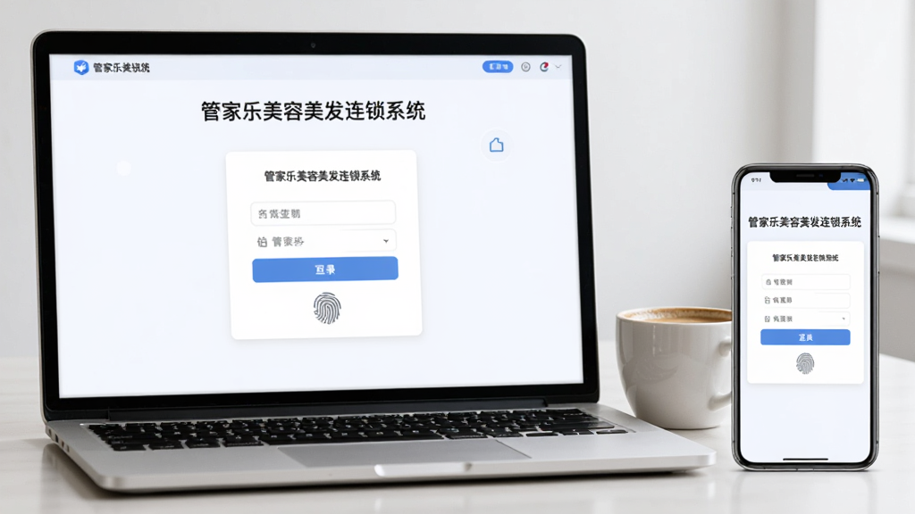 主体为一台笔记本电脑屏幕上显示“管家乐美容美发连锁系统”的登录界面,旁边放着一杯咖啡和一部手机,手机屏幕显示相同的系统界面。布局采用平视角度,笔记本与手机形成前后景呼应。风格简洁现代,细节包括登录框与指纹图标,画质干净无多余元素。