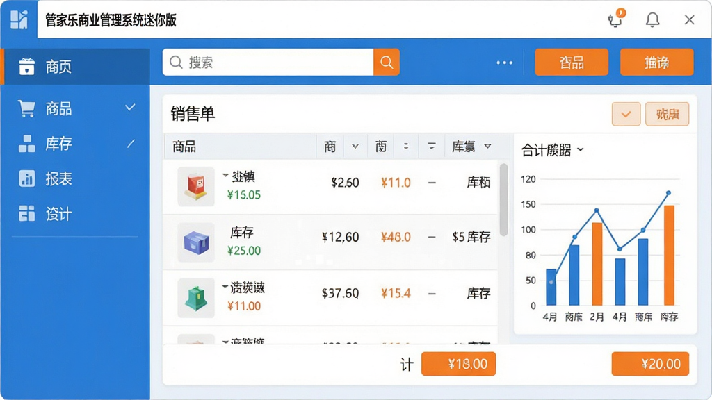 ���壺�ܼ�����ҵ����ϵͳ��������������棬չʾ�������ۿ���ҳ������Ʒ�б������֣����Ϊ���ܵ�������������Ʒ����桢������ͼ�ꣻ�Ҳ�Ϊ���ݱ�����ͼ�������Ű棺������ˬ��ģ�������ȷ�����������������ݰ�ť������ִ���ƽ����ƣ���ɫ��Ϊ������䣬���Գ�ɫ��׺��ϸ�ڣ���Ļ����ʾ�����۵�����������Ʒ�б����м۸������������ײ��кϼƽ����ʣ����壬�ɾ����޶���Ԫ�ء�