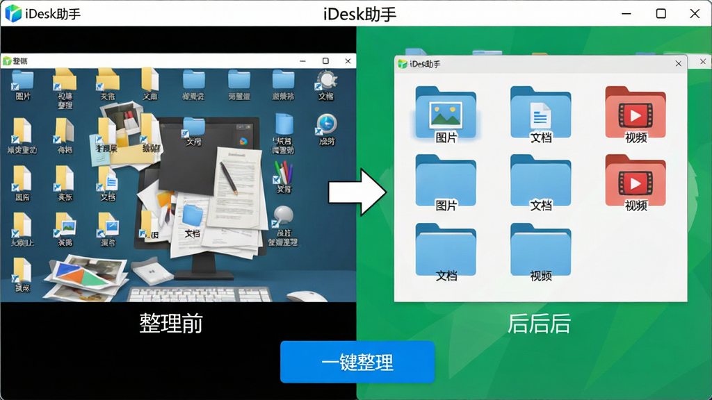 主体:iDesk助手软件界面中的“智能桌面整理”功能模块,展示整理前后的对比效果。布局:左侧为整理前的杂乱桌面截图,右侧为整理后的整洁桌面,中间用箭头连接,底部有“一键整理”按钮。排版:对比鲜明,布局清晰,突出功能效果。风格:简洁直观,色彩明亮,扁平化设计。细节:整理前的桌面有散乱的文件和图标,整理后的桌面按文件夹分类整齐排列,每个文件夹图标标注类型名称,如“图片”、“文档”、“视频”,软件名称“iDesk助手”显示在界面顶部,按钮“一键整理”为蓝色高亮。画质:高清,干净,无多余元素。