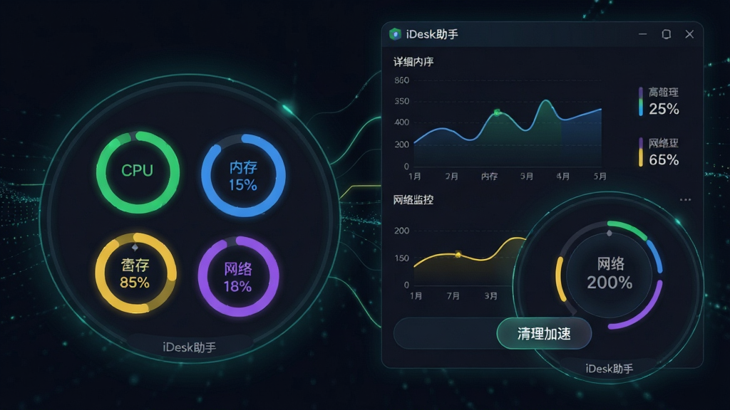 主体:iDesk助手的“系统资源监控”功能,展示桌面角落的圆形悬浮窗,内含CPU、内存、磁盘、网络的使用率环形图。布局:悬浮窗位于桌面右下角,旁边有放大的详细监控面板,显示折线图和百分比数据。排版:环形图清晰,数据实时更新,颜色区分不同资源。风格:科技感,深色背景,发光线条。细节:CPU使用率为绿色,内存为蓝色,磁盘为黄色,网络为紫色,面板底部有“清理加速”按钮,软件名称“iDesk助手”以小型水印形式显示在悬浮窗底部。画质:高清,干净,无多余元素。