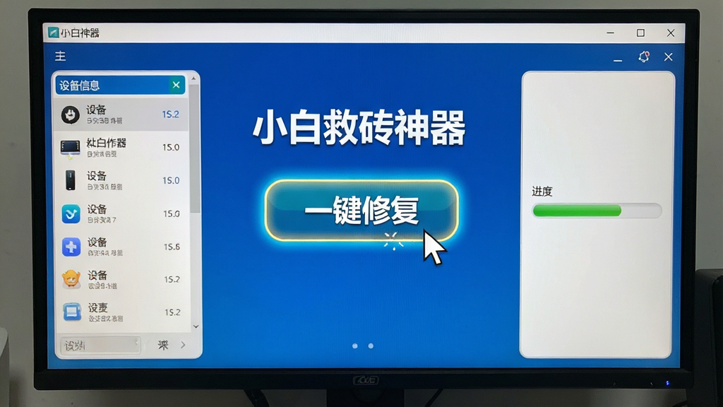 主体:电脑屏幕上显示“小白救砖神器”主界面,中央有一个醒目的“一键修复”按钮,布局:界面截图居中,按钮高亮显示,排版:左侧有设备信息列表,右侧为进度条,风格:写实屏幕截图风格,细节:按钮上有鼠标光标悬停,画质:清晰,干净,无多余元素