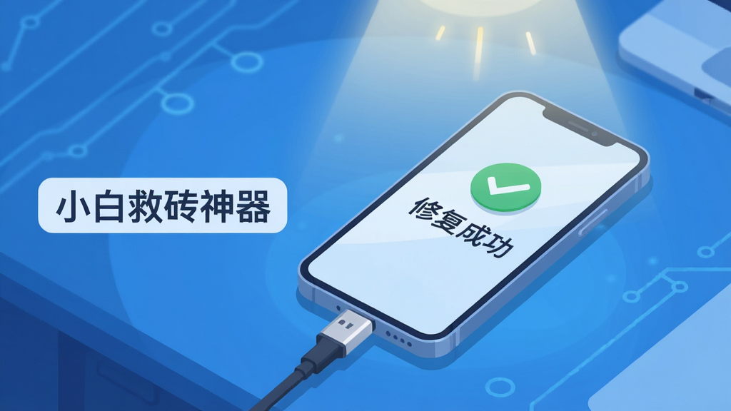 主体:一部连接数据线的智能手机屏幕显示“修复成功”字样,背景为简洁的蓝色科技感桌面,布局:居中构图,手机位于画面中央偏下,上方有柔和的光效,排版:左侧配以“小白救砖神器”文字标识,风格:扁平化插画风格,细节:手机屏幕有对勾图标,画质:高清,干净,无多余元素